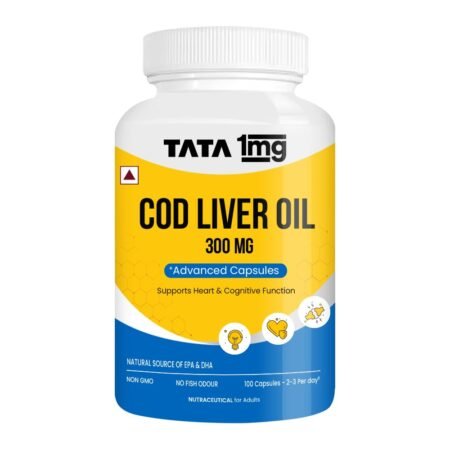 Tata 1mg Cod Liver Oil Supplement with Omega 3,Vitamin A and D - 100 Capsules | Supports Heart, Brain, Joint and Vision Health | Fish Oil for Women & Men | No Fish Odour & Non-GMO