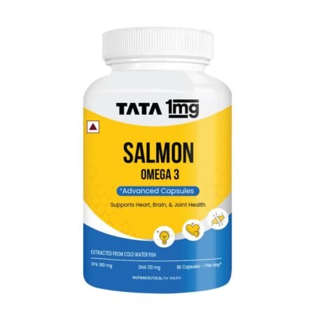 Tata 1mg Salmon Omega 3 Fish Oil Supplements 1000mg - 90 Capsules | 180mg EPA & 120mg DHA | High Absorption for Heart,Brain & Joints | Helps Manage Cholesterol