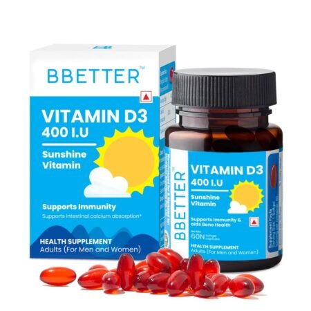 BBETTER Vitamin D3 Supplement for Immunity, Healthy Bones & Strong Muscles - 60 softgels of Vitamin D (Cholecalciferol) with the recommended daily dosage of 400IU