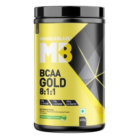 MuscleBlaze BCAA Gold 8:1:1 (Green Apple, 450g, 60 Servings) | With Higher Leucine, Electrolytes & Glutamine