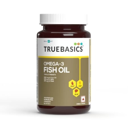TrueBasics Omega 3 Fish Oil (60 Capsules) | Triple Strength with 1150mg Omega, 525mg EPA & 375mg DHA | For Healthy Heart, Eyes & Joints, 60 grams