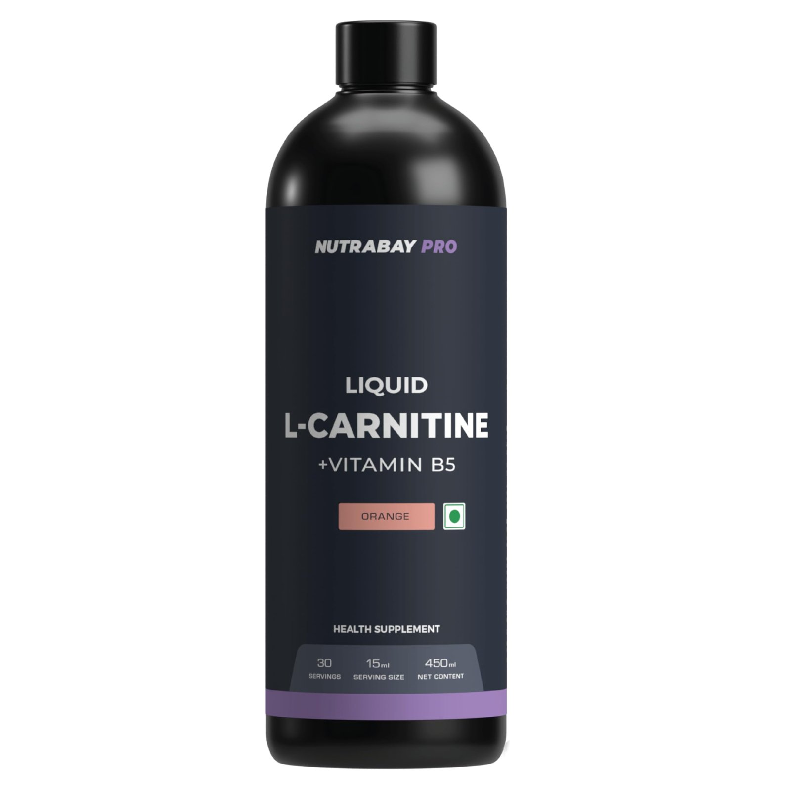 Nutrabay Pro Liquid L-Carnitine With Vitamin B5 - 450 ml Orange, 30 Servings |1500 mg L-CARNITINE, Sugar Free, Helps Convert Fat into Energy, Performance & Recovery | Pre & Post Workout Supplement for Men & Women