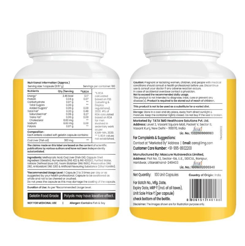 Tata 1mg Cod Liver Oil Supplement with Omega 3,Vitamin A and D - 100 Capsules | Supports Heart, Brain, Joint and Vision Health | Fish Oil for Women & Men | No Fish Odour & Non-GMO - Image 6