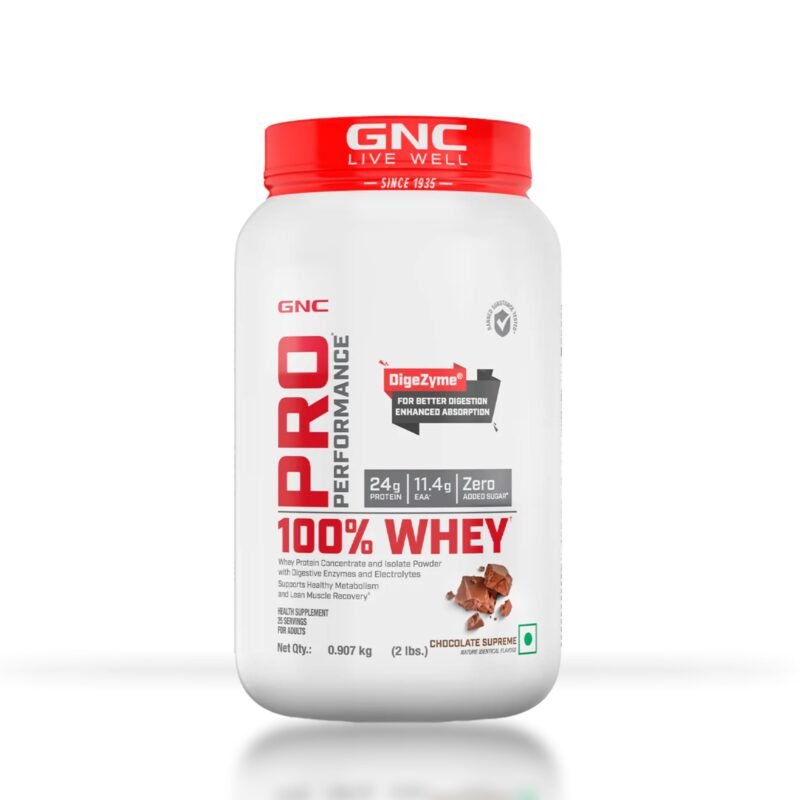 GNC Pro Performance 100% Whey Protein | 2 lbs | Muscle Growth | Muscle Recovery | DigeZyme® For Easy Digestion | Informed Choice Certified | 24g Protein | 5.5g BCAA | Chocolate Supreme