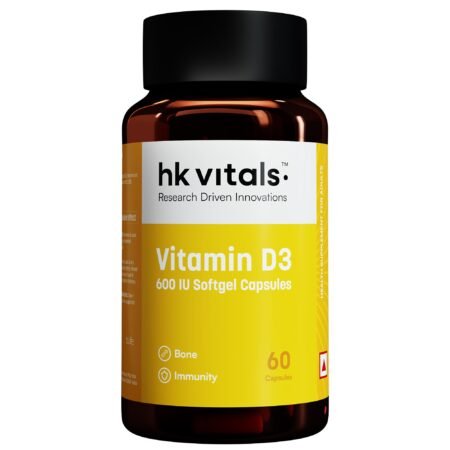 HealthKart hk vitals Vitamin D3 (600 IU) (60 Capsules) | With Sunflower Oil, Promotes Calcium Absorption | Bone Health, Muscle Strength & Immunity