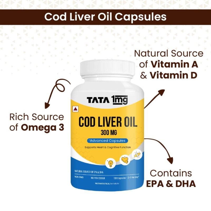 Tata 1mg Cod Liver Oil Supplement with Omega 3,Vitamin A and D - 100 Capsules | Supports Heart, Brain, Joint and Vision Health | Fish Oil for Women & Men | No Fish Odour & Non-GMO - Image 4