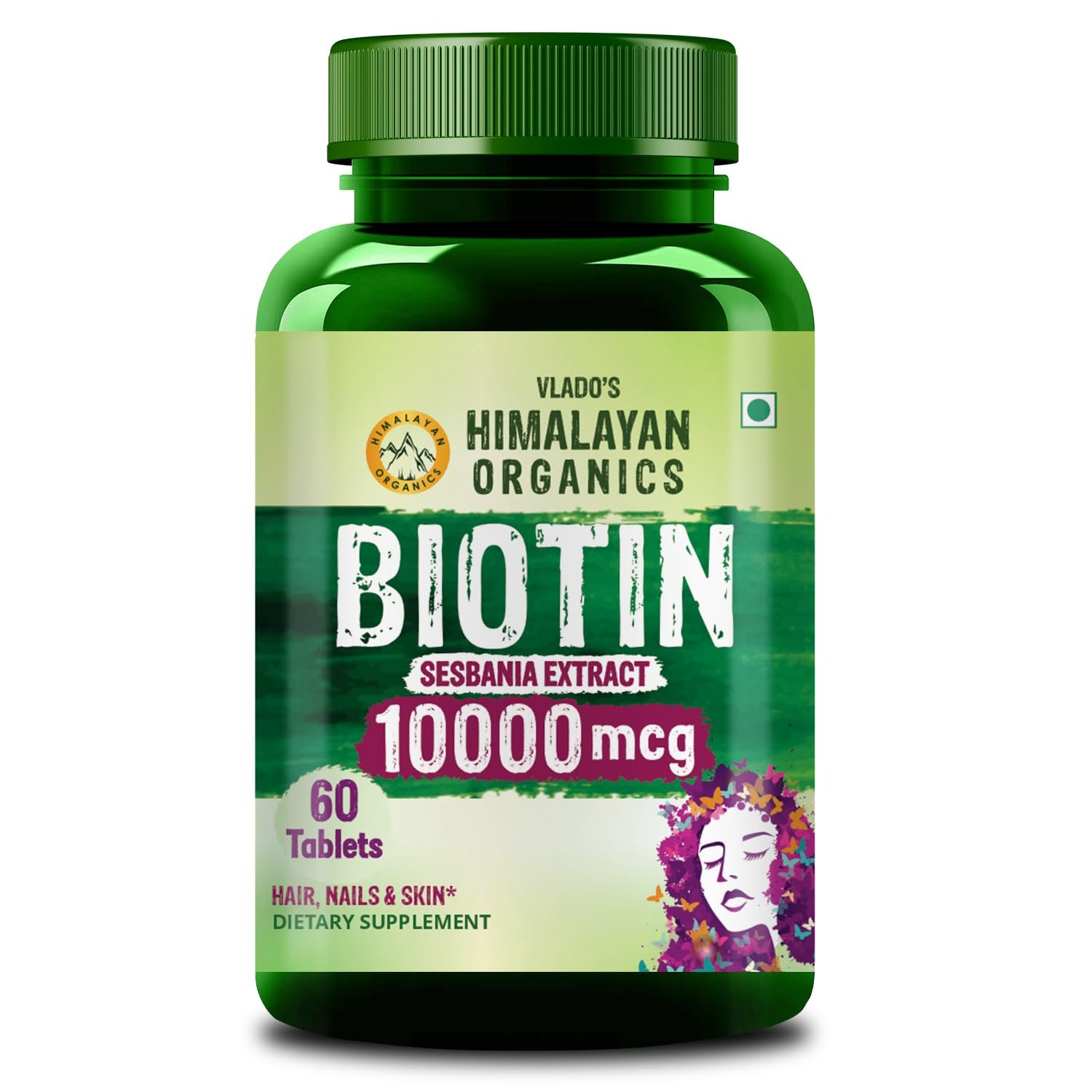 Vlado’s Himalayan Organics Biotin 10000mcg Supplement for Hair Growth, Strong Hair and Glowing Skin, Nail I Sesbania Extract Biotin tablets For Men & Women - 60 Veg Tablets