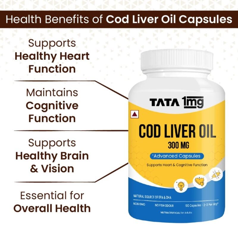 Tata 1mg Cod Liver Oil Supplement with Omega 3,Vitamin A and D - 100 Capsules | Supports Heart, Brain, Joint and Vision Health | Fish Oil for Women & Men | No Fish Odour & Non-GMO - Image 5