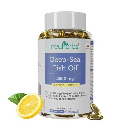 Neuherbs Deep Sea Omega 3 Fish Oil - Omega 3 Supplement Triple Strength 2500 Mg (Essential Fatty Acid Combination of 1486 mg 892 mg EPA 594 mg DHA/serving), Lemon Flavour- 60 Softgel for Men & women