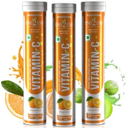 End2End Nutrition Natural Vitamin C - Amla Extract + Zinc for Immunity | Helps to Boost Collagen for Healthy Skin, Hair & Nails | Orange Flavour - (Pack of 3) 60 Effervescent Tablets