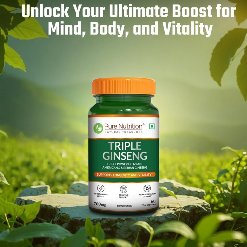 Pure Nutrition Triple Ginseng 700mg – 60 Veg Capsules | Korean, American & Siberian Ginseng Blend | Boosts Energy, Stamina & Mental Focus | Supports Cognitive Function, Memory, Immunity & Stress Management for Men & Women - Image 2
