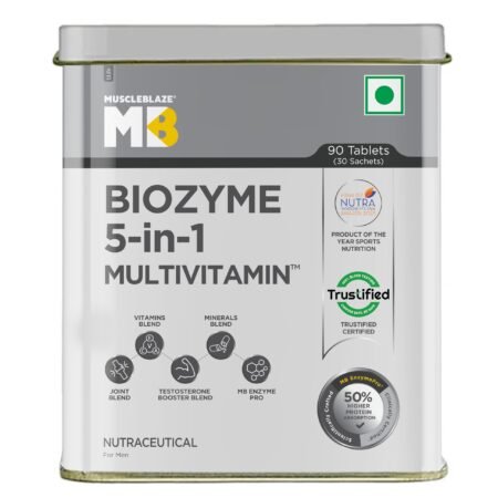 MuscleBlaze Biozyme Daily Multivitamin|5-In-1 Supplement With Vitamins,Minerals,Joint,T-Booster Blend|With Us Patent Published Eafa|For Higher Energy & Improved Performance,1 Count,90 Capsules