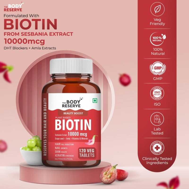The Body Reserve Plant Based Biotin Tablets -120 Veg Tablets, Biotin from Sesbania with Amla, Grapeseed & Hair Multivitamins, Biotin helps Hair Growth, Strong Hair, Glowing Skin & Nails, For Men Women - Image 8