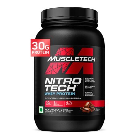 MuscleTech Nitro-Tech Whey Protein, 907g (2lbs), Milk Chocolate, 30g Protein, 3g creatine monohydrate, 6.7g BCAA, ultimate muscle building formula, increase strength & performance