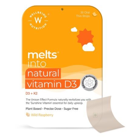 Wellbeing Nutrition Melts Natural Vitamin D3 600IU + K2 as MK7 with Resveratrol, Vitamin A | For Calcium Absorption Immunity, Heart, Bone, Cellular Protection, 30 Oral Strips