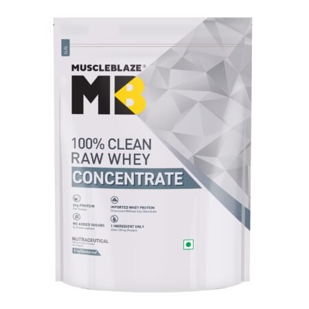 MuscleBlaze 100% Clean Raw Whey Protein Concentrate (Unflavoured, 1kg) | Easy to Digest