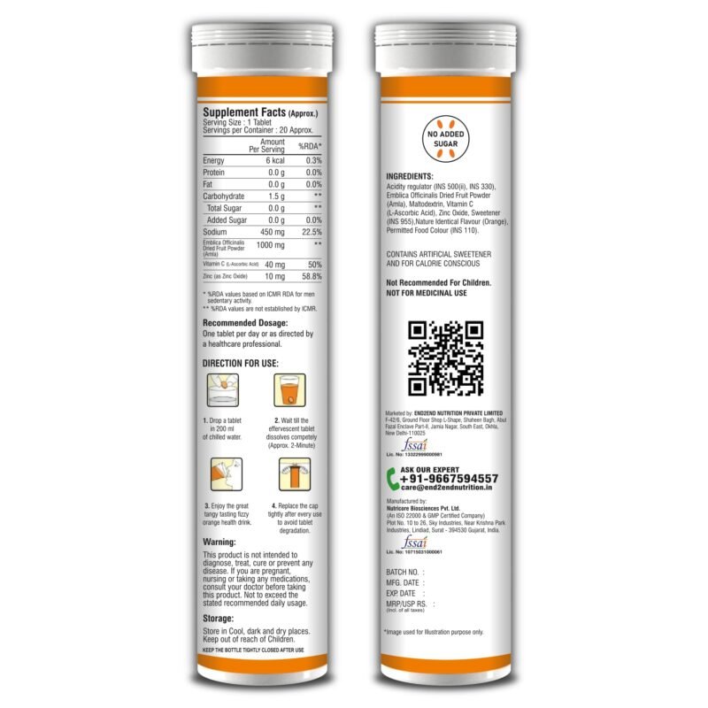 End2End Nutrition Natural Vitamin C - Amla Extract + Zinc for Immunity | Helps to Boost Collagen for Healthy Skin, Hair & Nails | Orange Flavour - (Pack of 3) 60 Effervescent Tablets - Image 2