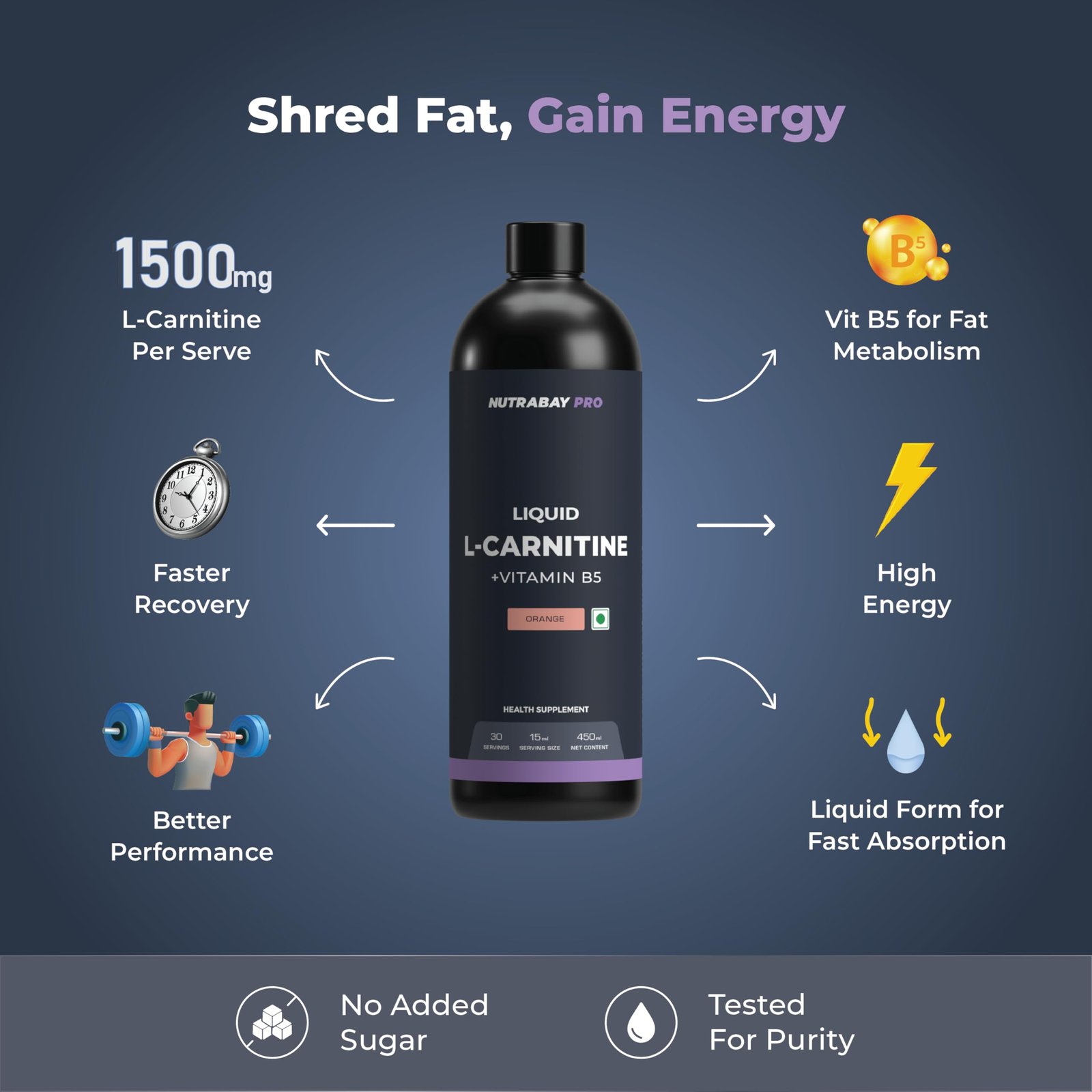 Nutrabay Pro Liquid L-Carnitine With Vitamin B5 - 450 ml Orange, 30 Servings |1500 mg L-CARNITINE, Sugar Free, Helps Convert Fat into Energy, Performance & Recovery | Pre & Post Workout Supplement for Men & Women - Image 4