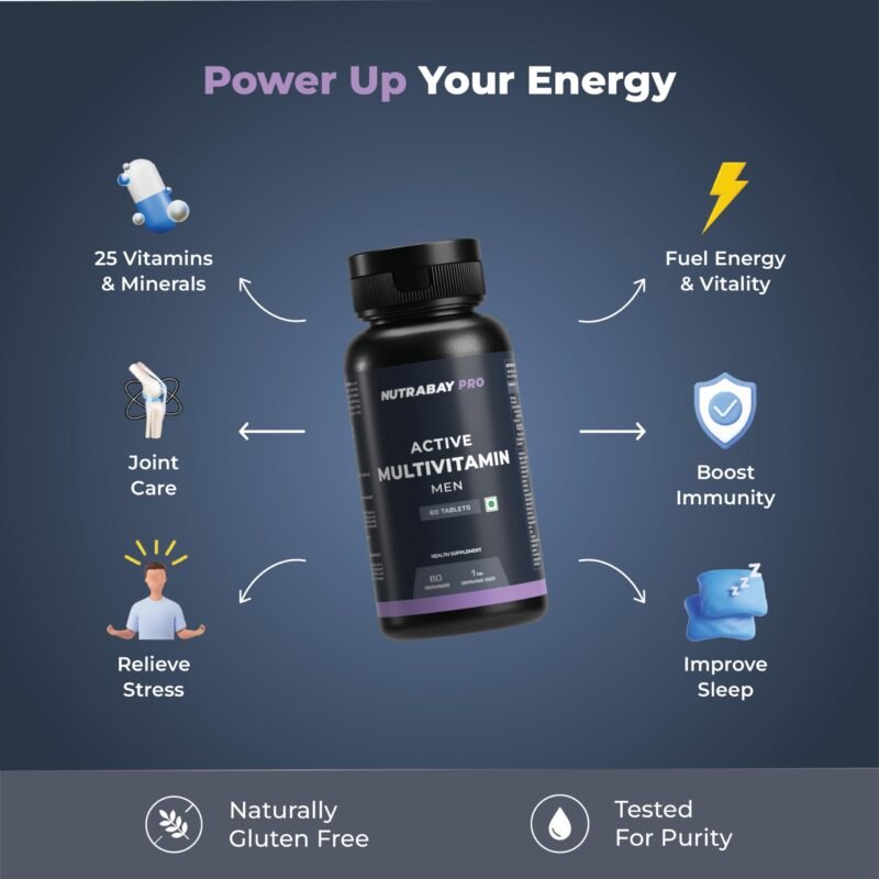 Nutrabay Pro Active Multivitamin for Men - 60 Tablets | 25 Vital Vitamins & Minerals with Zinc, Vitamin C, Vitamin D, Vitamin B12, and Multiminerals | Enhances Energy, Stamina & Immunity - Image 4