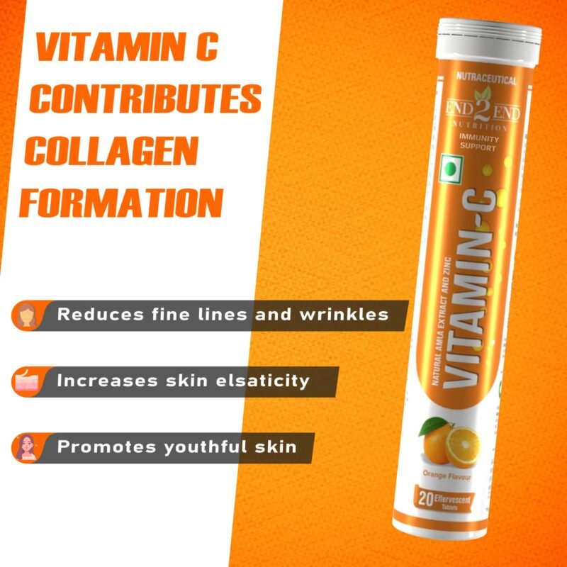 End2End Nutrition Natural Vitamin C - Amla Extract + Zinc for Immunity | Helps to Boost Collagen for Healthy Skin, Hair & Nails | Orange Flavour - (Pack of 3) 60 Effervescent Tablets - Image 4