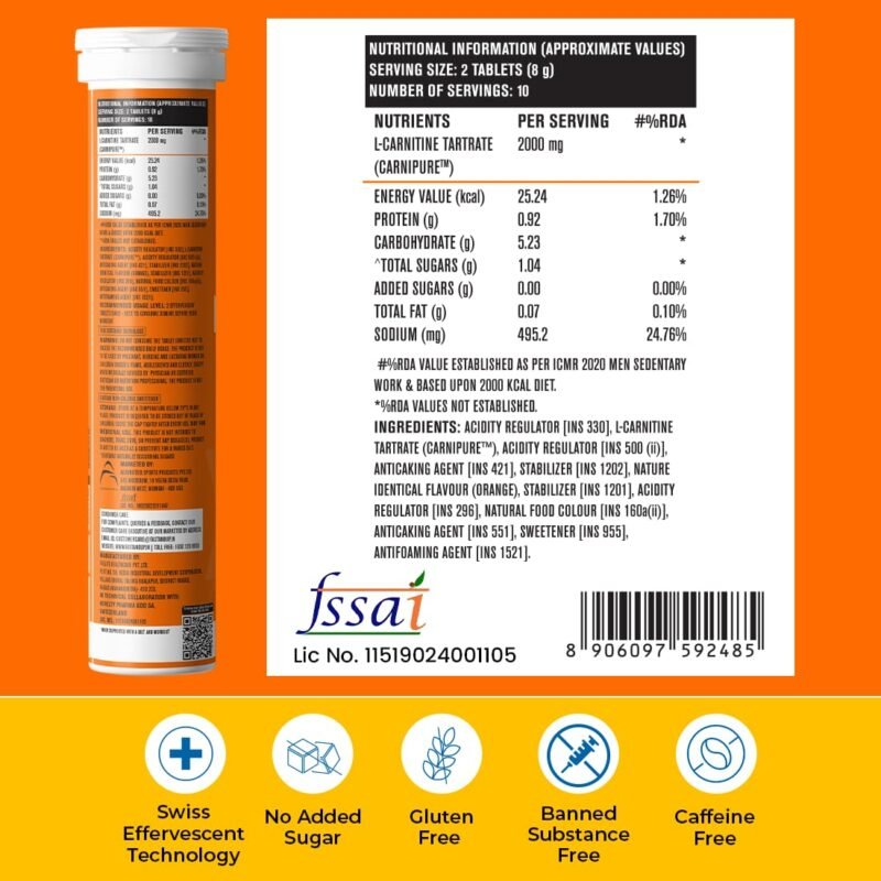 Fast&Up L-Carnitine Lean Body - Helps Convert Fat into Energy, 2000 mg Carnipure TM L-Carnitine Sourced from Lonza Switzerland - Pack of 20 Effervescent Tablets, Orange Flavour - Image 5