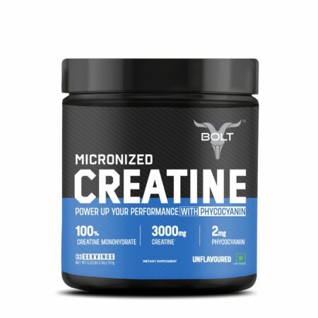Bolt Micronised Creatine Monohydrate 3000 Powder|With Phycocyanine|Boosts Athletic Performance|Provides Energy Support For Heavy Workout|Formulated In Usa|100 grams (0.22Lb),33 Serving|Unflavored