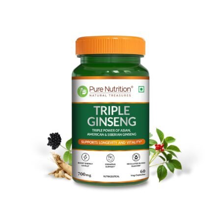 Pure Nutrition Triple Ginseng 700mg – 60 Veg Capsules | Korean, American & Siberian Ginseng Blend | Boosts Energy, Stamina & Mental Focus | Supports Cognitive Function, Memory, Immunity & Stress Management for Men & Women