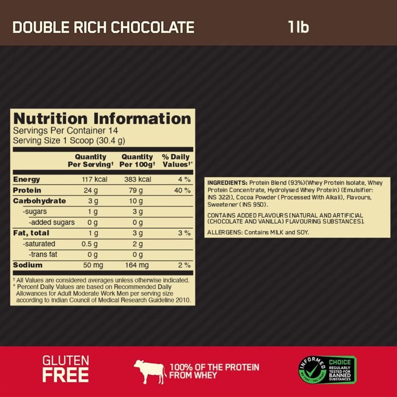 Optimum Nutrition (ON) Gold Standard 100% Whey Protein Powder - 1 lb (Double Rich Chocolate), Primary Source Isolate - Image 4