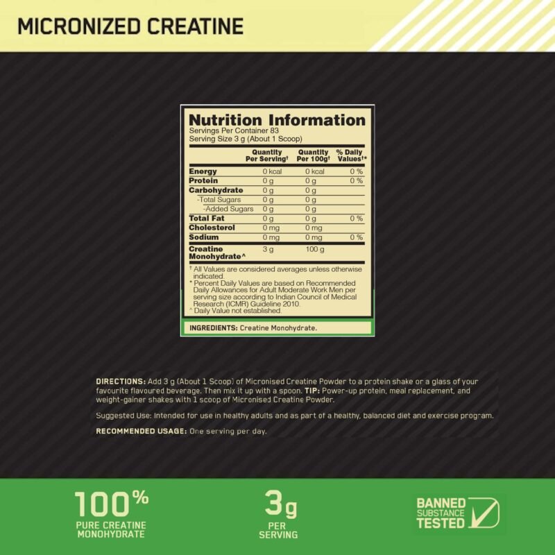 Optimum Nutrition (ON) Micronized Creatine Powder - 250 Gram, 83 Serves, 3g of 100% Creatine Monohydrate per serve, Supports Athletic Performance & Power, Unflavored. - Image 5