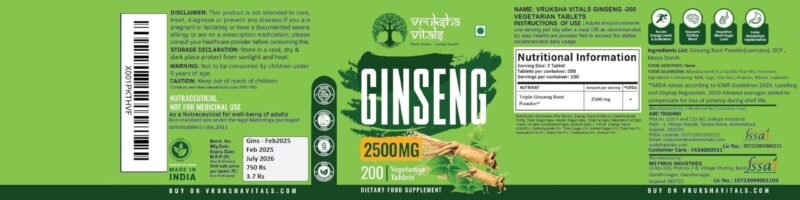 Vruksha Vitals Triple Ginseng Root - 2500 mg - Korean Red Panax Ginseng, Siberian and American Ginseng Extract Powder Tablets Capsules Supplement - Image 9