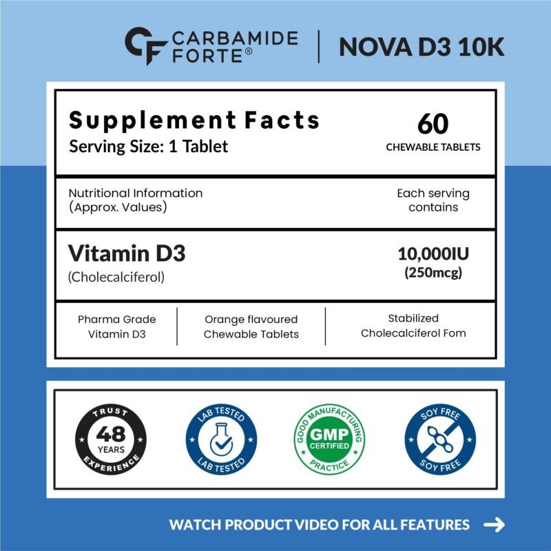 Carbamide Forte Vitamin d3 10000iu | Chewable Vitamin D Tablets | D3 Supplement for Bone & Immunity | Vitamin D3 Supplement for Women & Men | Orange Flavour - 60 Tablets - Image 9