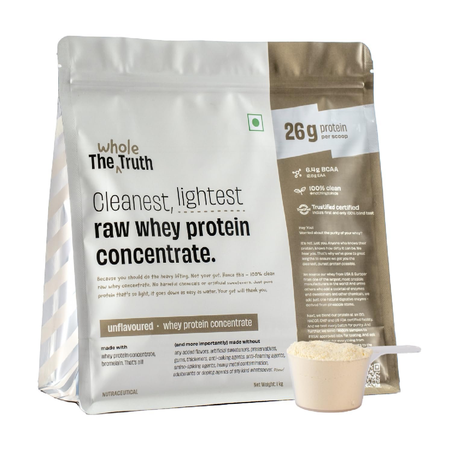 The Whole Truth Whey Protein Concentrate Unflavoured |1 kg (2.2 lbs) | 26g Protein per scoop | 6.4g BCAA | 100% Authentic Whey & No Adulteration | Clean and Light | Muscle Building | Vegetarian