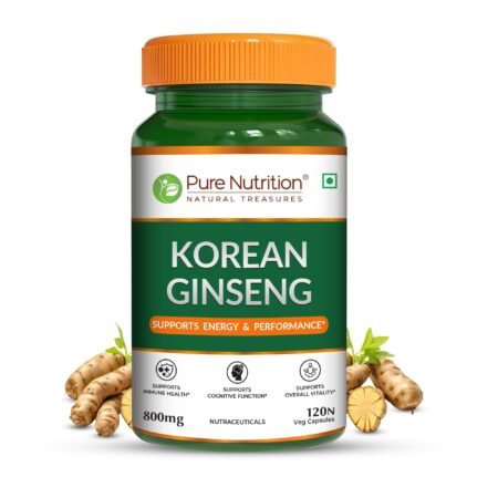Pure Nutrition Korean Ginseng 800mg – 120 Veg Capsules | Boosts Energy & Focus | Supports Cognitive Function, Vitality, Strength & Immunity