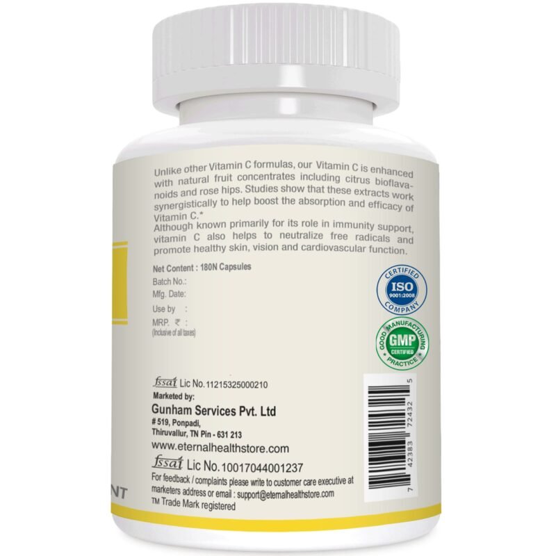 EternalHealth Vitamin C (High Potency Form) - 180 Capsules with Citrus Bioflavanoids & Rose Hips - 180 Veg Capsules - Image 2