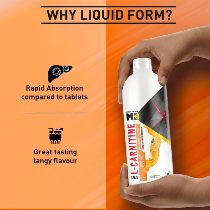 MuscleBlaze Liquid L-Carnitine 1100mg (Tangy Orange, 450ml, 30 Servings) | Helps Convert Fat into Energy - Image 6