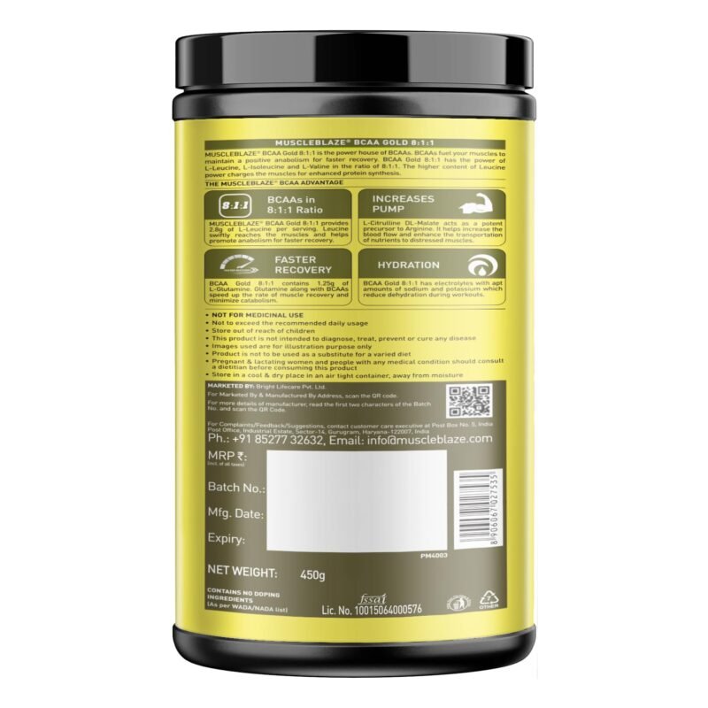 MuscleBlaze BCAA Gold 8:1:1 (Green Apple, 450g, 60 Servings) | With Higher Leucine, Electrolytes & Glutamine - Image 4