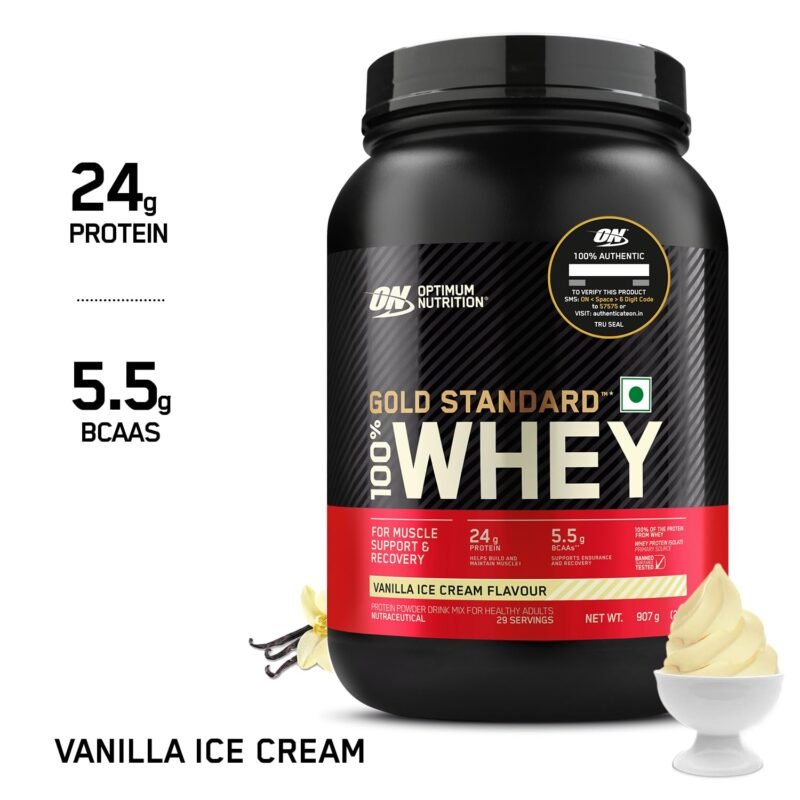 Optimum Nutrition (ON) Gold Standard 100% Whey Protein Powder 2 lbs, 907 g (Vanilla Ice Cream), for Muscle Support & Recovery, Vegetarian - Primary Source Whey Isolate - Image 4