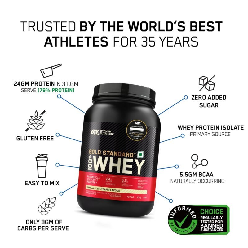 Optimum Nutrition (ON) Gold Standard 100% Whey Protein Powder 2 lbs, 907 g (Vanilla Ice Cream), for Muscle Support & Recovery, Vegetarian - Primary Source Whey Isolate - Image 9