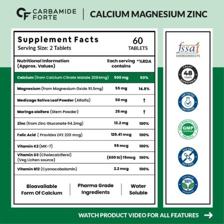 Carbamide Forte Calcium & Vitamin D3 Tablets | Calcium Tablets for Women & Man | Calcium Magnesium Zinc Tablets | Calcium Supplements for Men with Calcium Citrate, Calcium Tablet with Vitamin K2 MK7 & Vitamin B12 - Bone Health & Joint Support - 60 Calcium