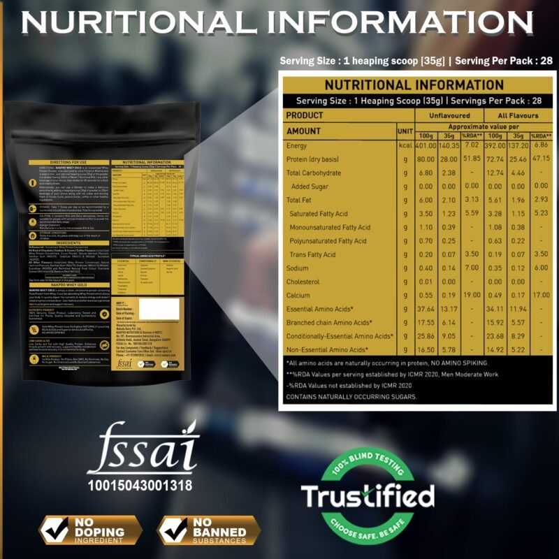 NAKPRO Gold Whey Protein Concentrate 80%, 1kg Unflavoured | 28g Protein, 6.2g BCAA | Trustified Certified 100% Authentic Supplement Powder & No Adulteration | Fast Absorbing Whey Protein Powder - Image 6