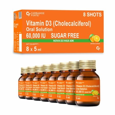 Carbamide Forte Vitamin D3 60000iu Shots | Vitamin D3 60000 iu Sugar Free Oral Solution| Vitamin D 3 60K Supplement for Men & Women – 5ml Orange Flavour (Pack of 8)