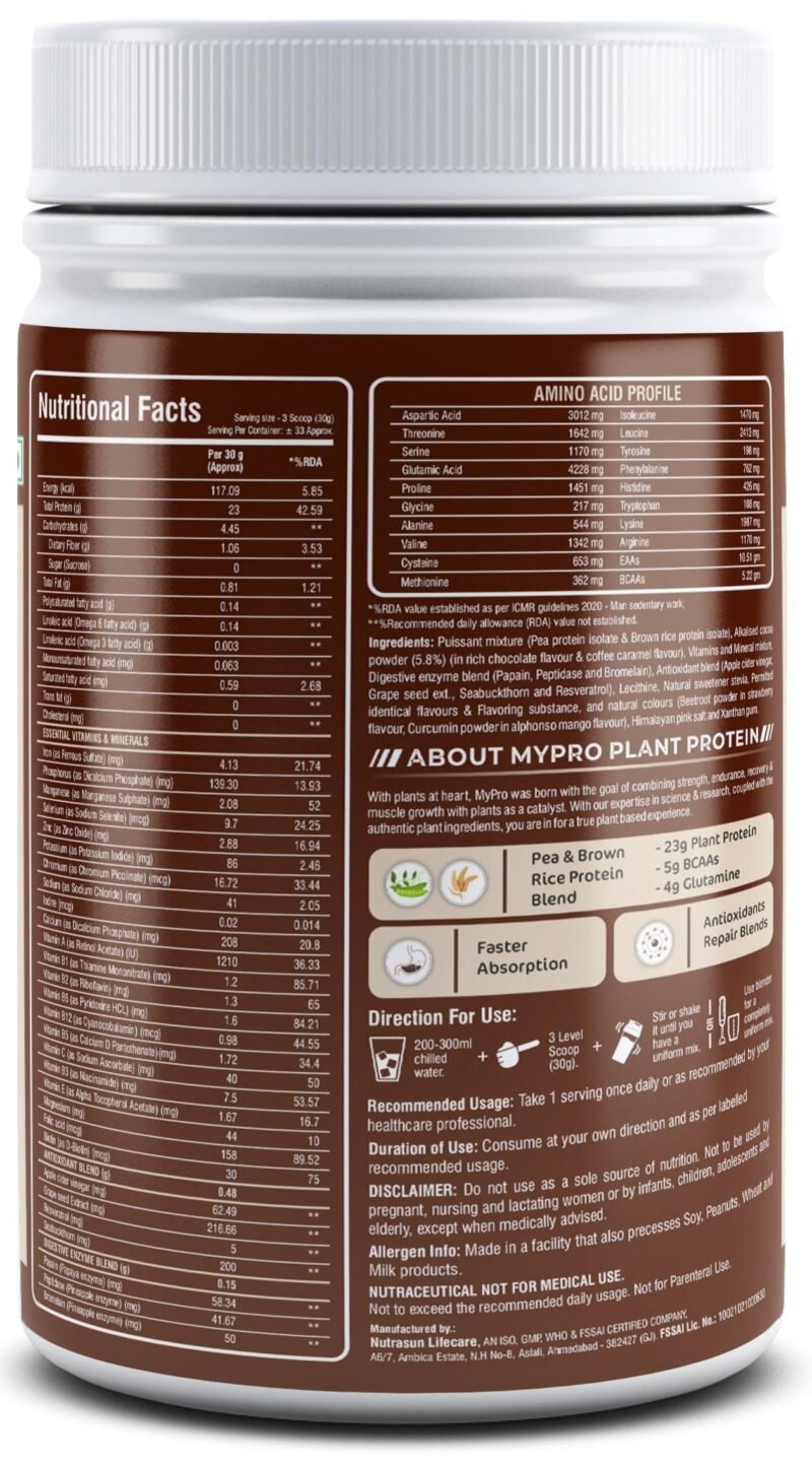 Mypro Sport Nutrition Plant Protein Powder Pea & Brown Rice Protein (23g protein,22 Vitamins & minerals,5g BCAA) Plant Based Vegan Protein Supplement For Men & Women (Chocolate Flavour -1000 Gm) - Image 4