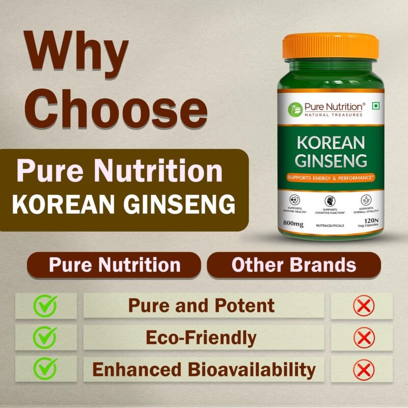 Pure Nutrition Korean Ginseng 800mg – 120 Veg Capsules | Boosts Energy & Focus | Supports Cognitive Function, Vitality, Strength & Immunity - Image 4