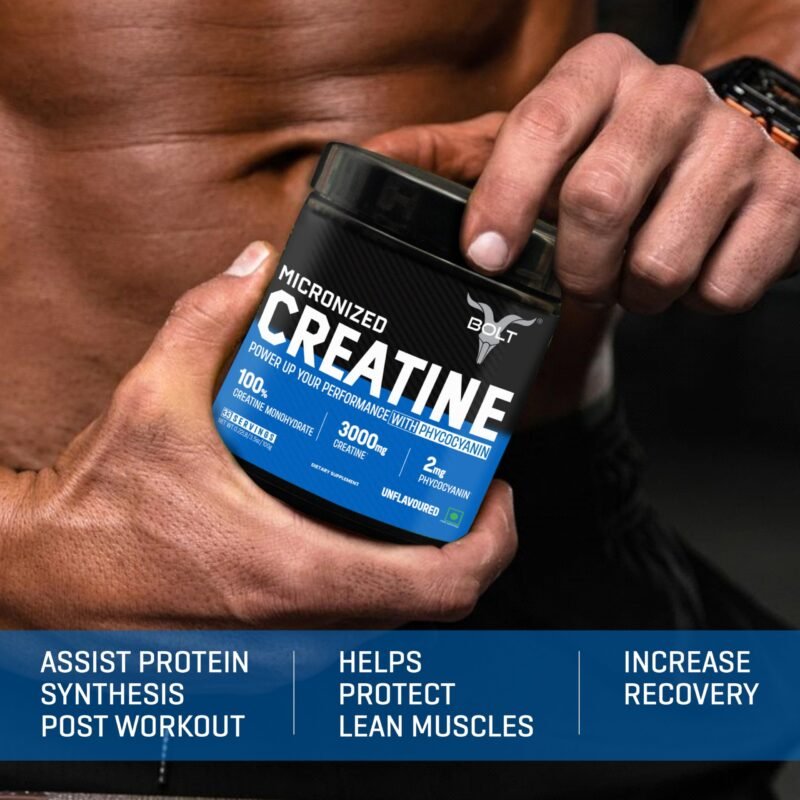 Bolt Micronised Creatine Monohydrate 3000 Powder|With Phycocyanine|Boosts Athletic Performance|Provides Energy Support For Heavy Workout|Formulated In Usa|100 grams (0.22Lb),33 Serving|Unflavored - Image 6