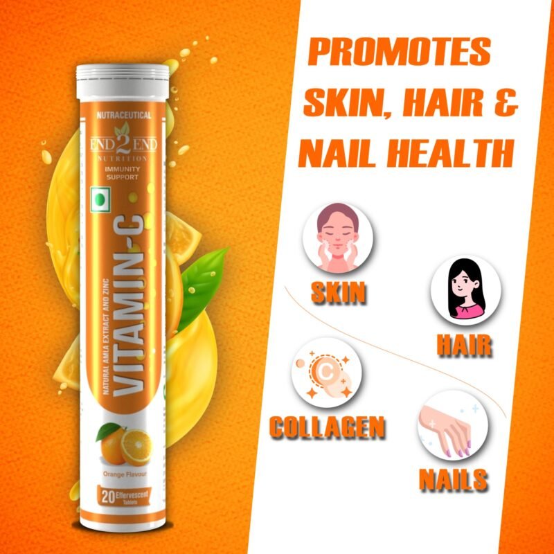 End2End Nutrition Natural Vitamin C - Amla Extract + Zinc for Immunity | Helps to Boost Collagen for Healthy Skin, Hair & Nails | Orange Flavour - (Pack of 3) 60 Effervescent Tablets - Image 5