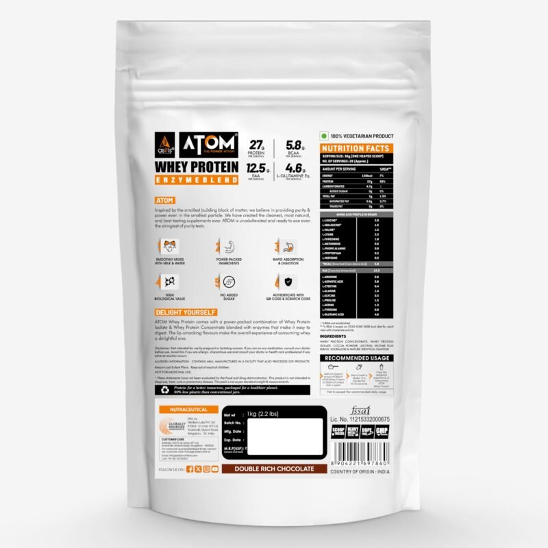 AS-IT-IS Nutrition ATOM Whey Protein 1kg | 27g protein | Isolate & Concentrate | Double Rich Chocolate | USA Labdoor Certified | With Digestive Enzymes for better absorption - Image 4
