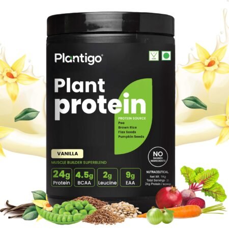 Plantigo Plant Protein Powder 1kg Vanilla Flavoured for Women &; Men | 24g Protein, 4.4g BCAA, 2g Leucine, All Amino Acids, 4X Fast Digestion, No Sugar, No Preservative | Clean Vegan Pea Protein Powder