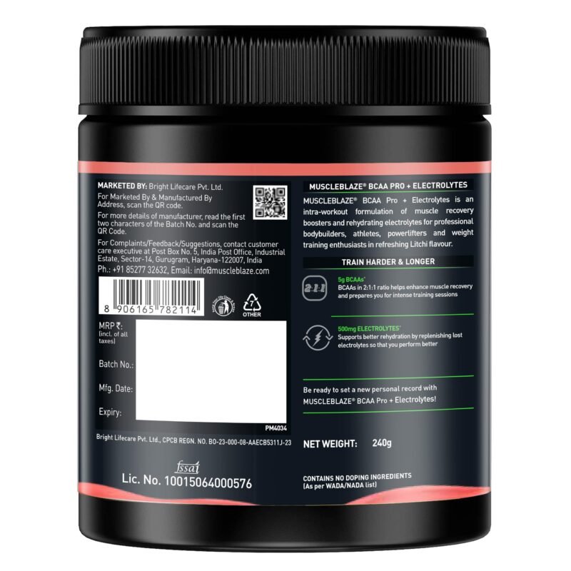 MuscleBlaze BCAA Pro Powder, Powerful Intra Workout (Litchi, 240g, 30 Servings) | With 5g BCAAs & 500mg Electrolytes - Image 9