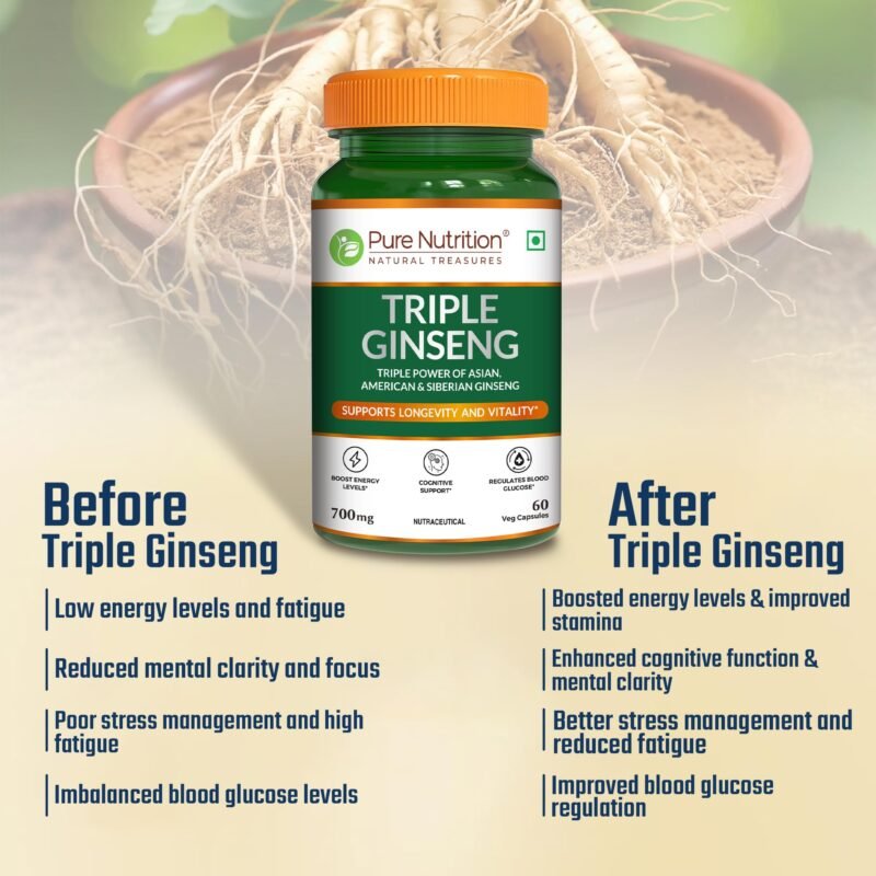 Pure Nutrition Triple Ginseng 700mg – 60 Veg Capsules | Korean, American & Siberian Ginseng Blend | Boosts Energy, Stamina & Mental Focus | Supports Cognitive Function, Memory, Immunity & Stress Management for Men & Women - Image 3