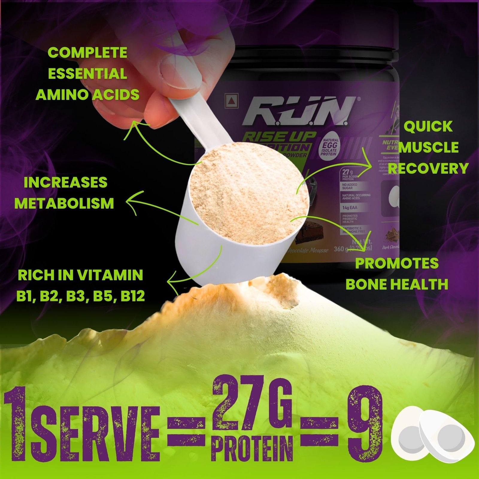 R.U.N-RISE UP NUTRITION Egg White Protein Powder for Athletes,Gym & Fitness Enthusiasts |27g Protein & 14g EAA|Lactose, Soy & Gluten Free Egg Albumen Protein Powder for Immunity, Chocolate Mousse-1kg - Image 7